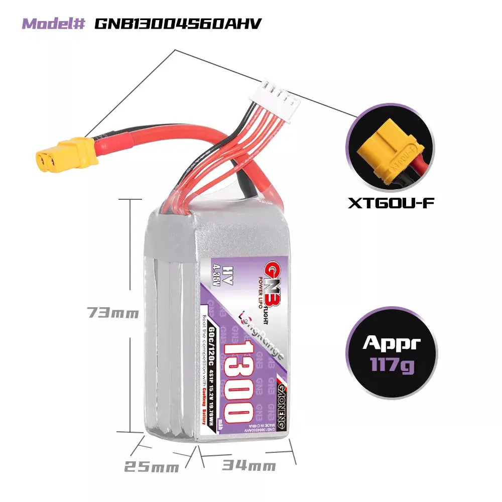 GAONENG GNB 1300MAH 15.2V HV 4S 60C 120C HV XT60 LiPo Battery - NewBeeDrone