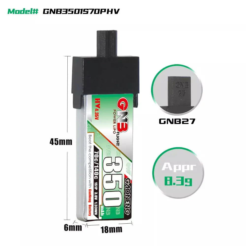 GNB 1S 3.8V HV 350MAH 70C GNB27 Plastic Head LiPo Battery - NewBeeDrone