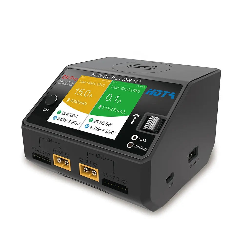 HOTA D6 Pro Dual Channel 650W 15A AC/DC Battery Charger w/ Wireless Cellphone Charging - NewBeeDrone