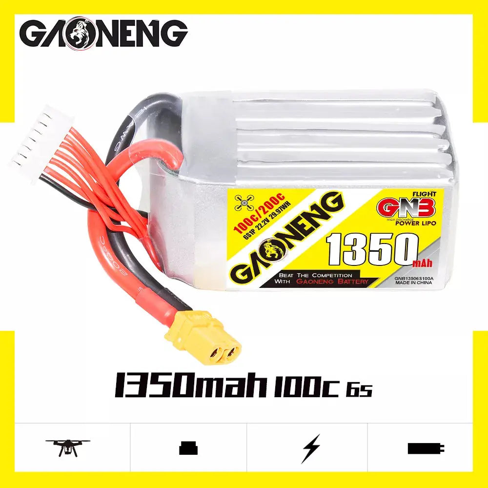 GNB 1350mAh 22.2v 6S 100C - XT60 Lipo Battery with Plastic Plate - NewBeeDrone