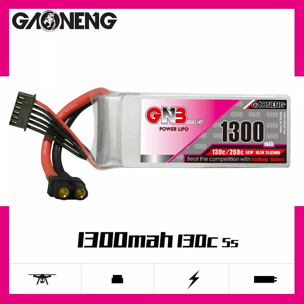 GNB 1300mAh 18.5v 5S 130C - XT60 Lipo Battery w/ Plastic Plate - NewBeeDrone