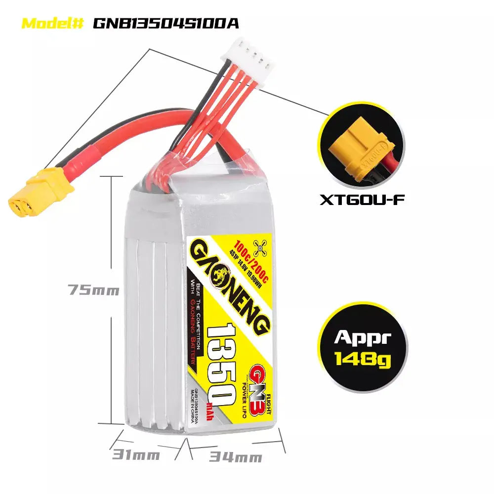 GNB 1350mAh 14.8v 4S 100C - XT60 Lipo Battery w/ Plastic Plate - NewBeeDrone