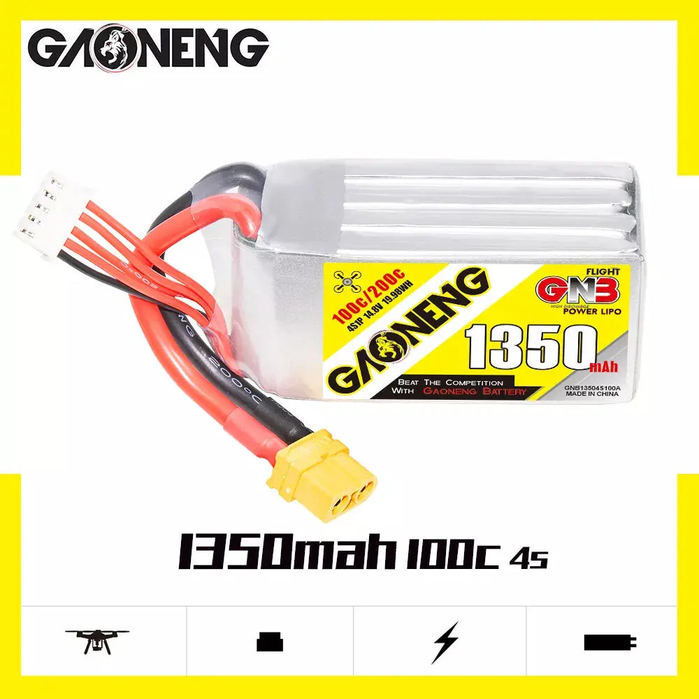 GNB 1350mAh 14.8v 4S 100C - XT60 Lipo Battery w/ Plastic Plate - NewBeeDrone